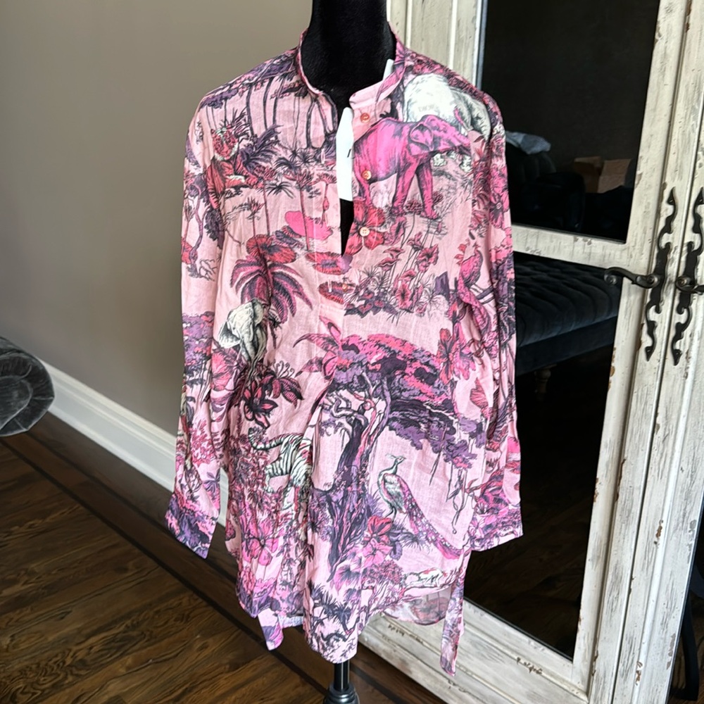 Christian Dior linen pink etoile too fantaisie chemise shirt button tunic sz 36